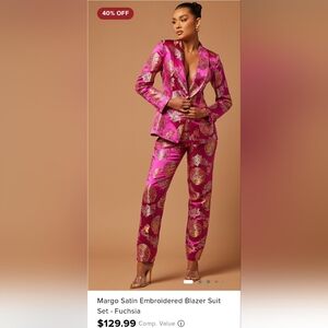 Fashion Nova Luxe Embroidered Satin Blazer Pantsuit - Fuschia | Size Small